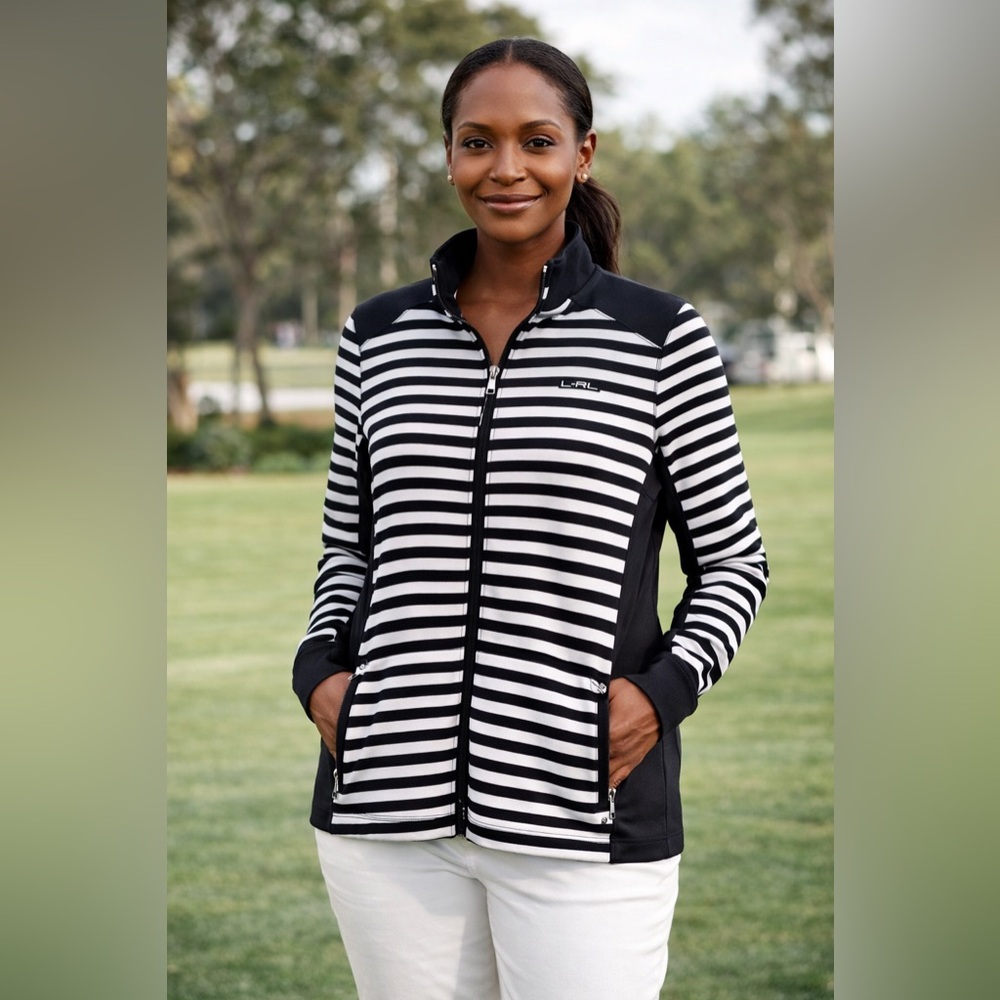 NWT Lauren Ralph Lauren L-RL Lauren Active Striped Zip Jacket Black White Sz 1X